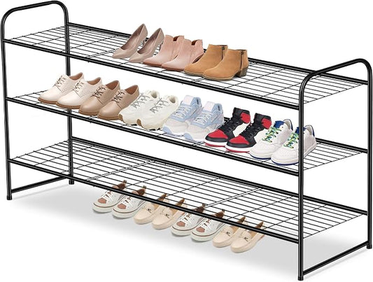 AOODA Long 3 Tier Metal Shoe Rack for Closet Wide Stackable Shoe Storage Organizer for Entryway, Bedroom, Floor, 24-Pairs Men Sneakers Shoe Shelf with Wire Grid, Black