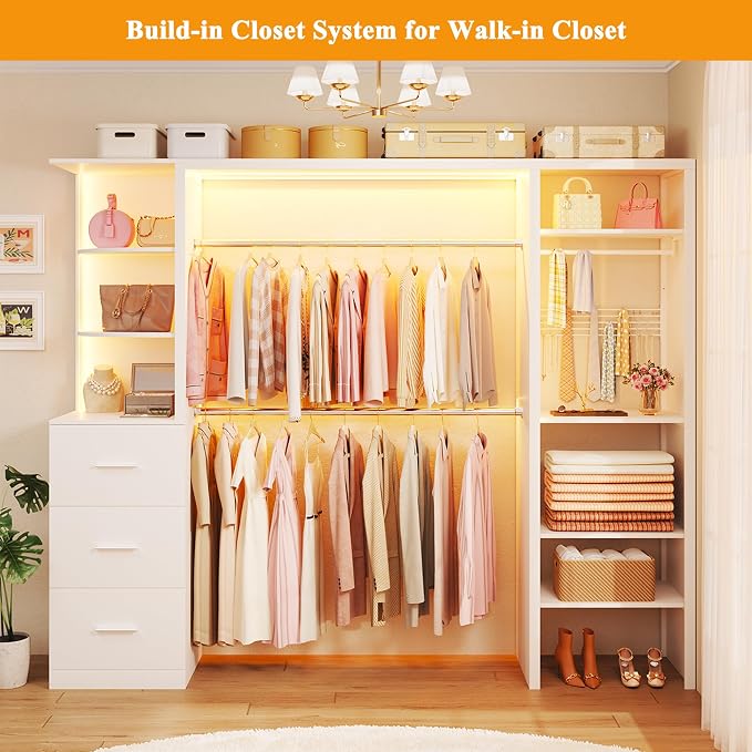 HUAHUU Large Corner Closet System with 3 Drawers and 6 Shelves, 77'' Reversible Closet Organizer System with LED Lights & 8 Jewelry Hooks, White Walk-in Closet with 3 Hanging Rods, L Shaped/Straight