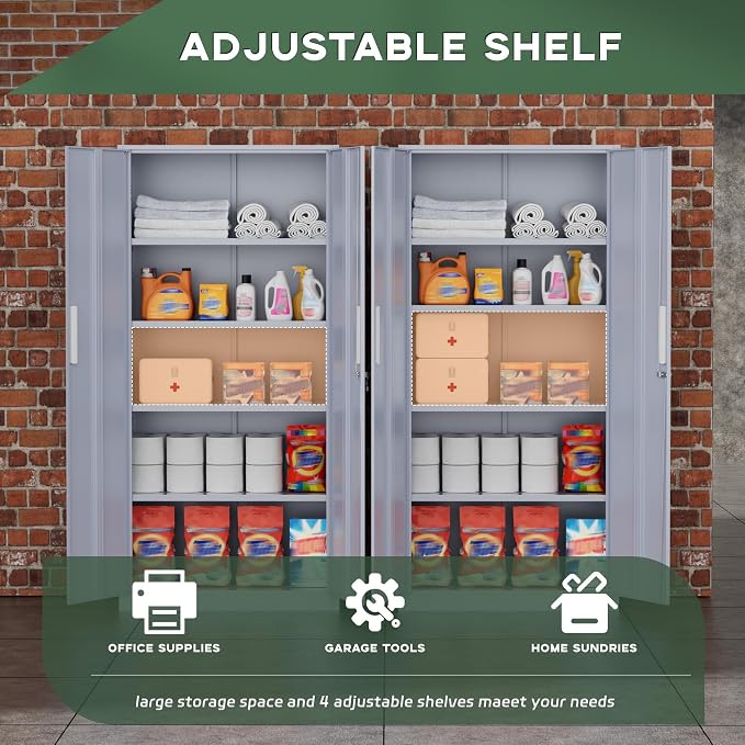 Greenvelly Metal Garage Storage Cabinet, 72” Tall Locking Steel Cabinet with 2 Doors and 4 Adjustable Shelves, Utility Metal Filing Cabinet with Lock for Home, Office, Garage, School (Dark Grey)