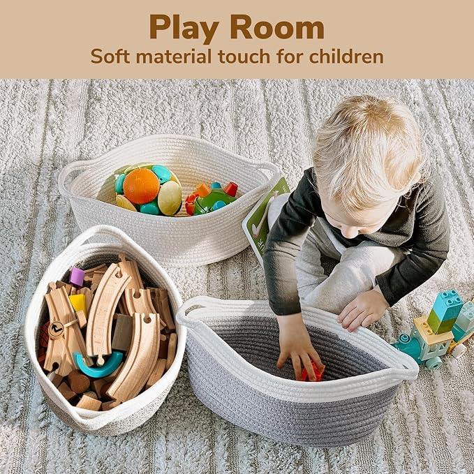 Goodpick Small Woven Rope Gift Basket Empty, 12" x 8" x 5", Mixed Brown | Baby Basket for Baby Showers Toys, Fits Living Room Bedroom Nursery Organization, Dog Toy Storage, with Durable Handles
