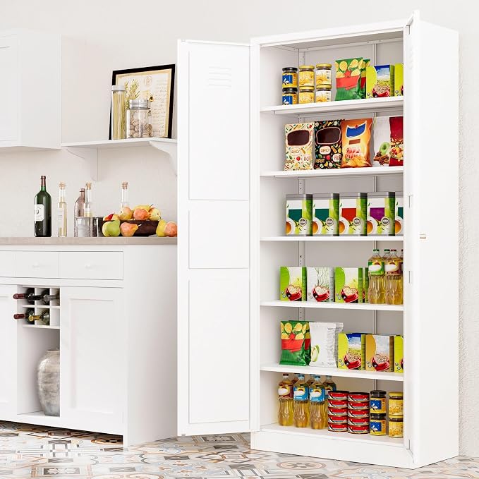 SISESOL 71" Tall Pantry Cabinet with 2 Doors and 5 Shelves,Kitchen Pantry Storage Cabinets,White Metal Storage Cabinet,Wide Deep Food Cupboard for Home,Kitchen,Dining/Living Room