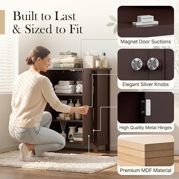 SUPER DEAL Modern Bathroom Floor Storage Cabinet with Adjustable Shelf and Double Door Rust Proof, Living Room Modern Home Furniture Storage Organizer Cabinet, Brown