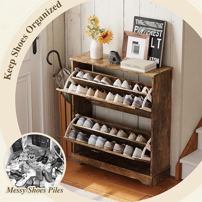 Semiocthome Farmhouse Shoe Storage Cabinet with 2 Flip Drawers, 31.5"(W) Freestanding Shoe Organizer with Barn Door and Metal Handles for Entryway, Corner Narrow Shoe Rack Cabinet - Rustic Brown