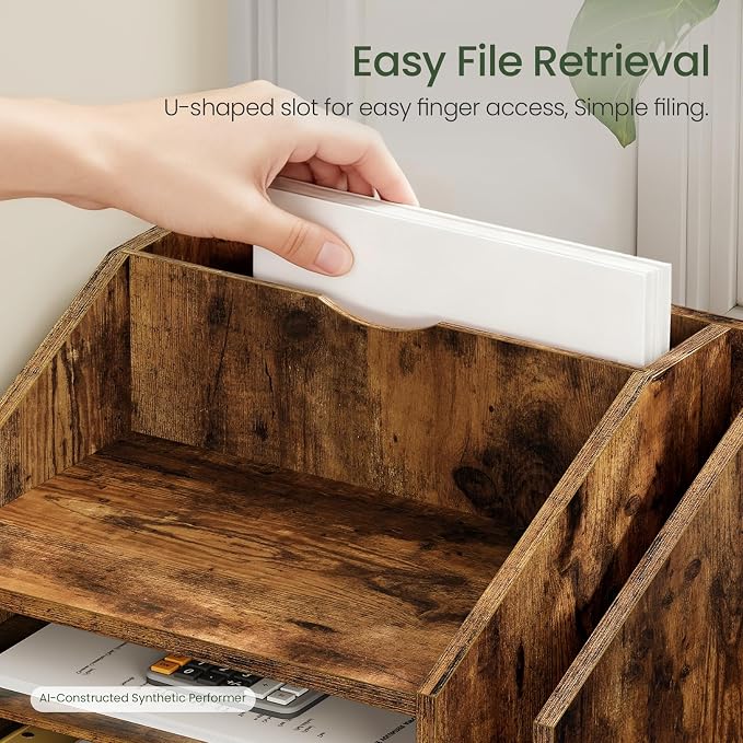 Wooden Desk Organizer with Adjustable Partitions, Multi-Layer Desktop File Holder for Home Office, Paper & Stationery Storage Organizer, Rustic Brown MWJ04FG