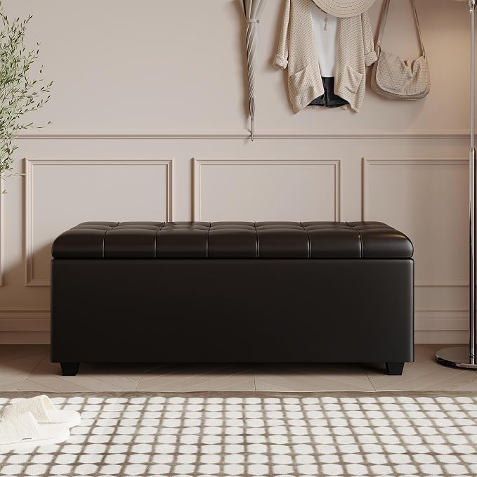 38" Black Faux Leather Storage Ottoman Footrest | Solid wood frame bench, 4-leg easy assembly. Use as end-of-bed, footrest, entryway seat. Hinged hidden storage, multi-use.