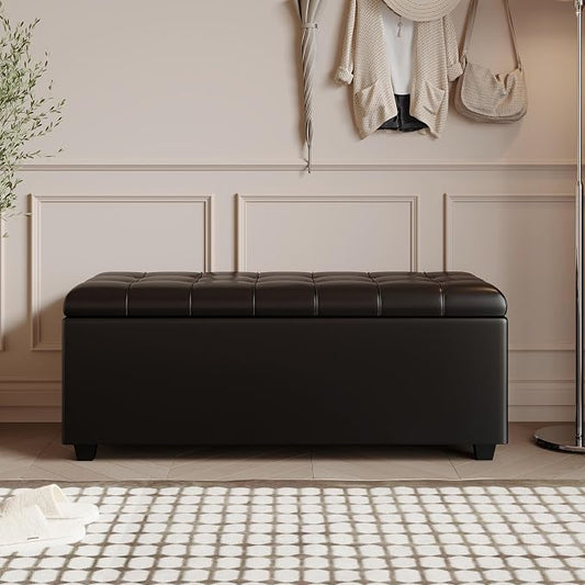 38" Black Faux Leather Storage Ottoman Footrest | Solid wood frame bench, 4-leg easy assembly. Use as end-of-bed, footrest, entryway seat. Hinged hidden storage, multi-use.