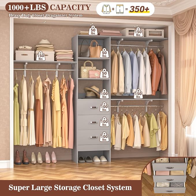 iSunirm 8FT Closet System, 96'' Closet Organizer System with 3 Hanging Rods, Wall Mount Bedroom Wardrobe with 3 Drawers Walk-in Closet, Adjustable Cloth Garment Rack from 5 to 8FT (Cut to Fit), Grey