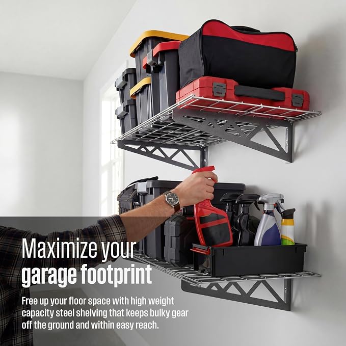 SafeRacks Steel Garage Wall Shelves 2-Pk w/Hooks, 500lb, Hammertone (18x48)