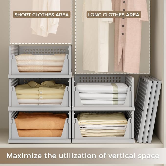 Pinkpum 8 Pack Closet Organizer Storage Bins Stackable Plastic Drawer Shelf | Basket for Clothing Stackable Storage Bins Shelf Storage Container for Closet Wardrobe Bedroom Bathroom Office Grey Foldable