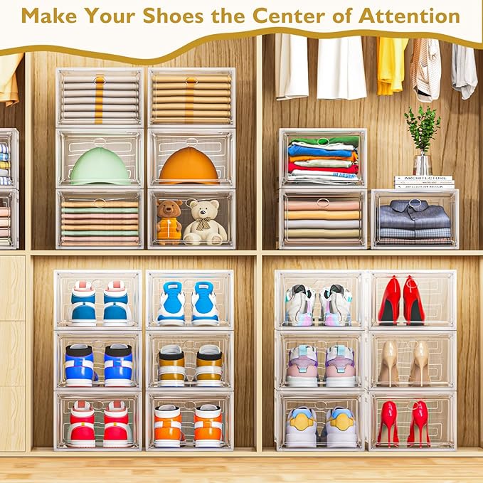 12 Pack Shoe Organizer, Stackable Shoe Storage Boxes with Magnetic Door | Clear Plastic Shoe Boxes for Sneakers, Boots & Heels, Foldable Space-Saving Shoe Rack for Closet, Durable Shoe Cabinet, White