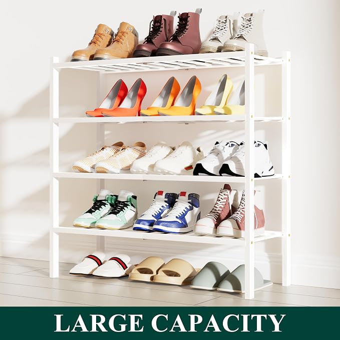 Smiry Bamboo Shoe Rack, 12 Vertical Slats, 4 Tier - 26.8" Wide, White | Stackable Free Standing Wooden Shoe Organizer, Wood Shoe Storage Shelf for Closet, Entryway
