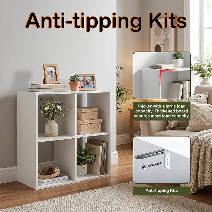 WannabeMyself【Sturdy Build&Easy Assembly】 4 Cube Storage Organizer with Anti-Tipping Kits,Reversible Open Back Book Shelf, Bookcase for Living Room,Bedroom,Entrance Hall,Office,24.1×11.4×24.1,White