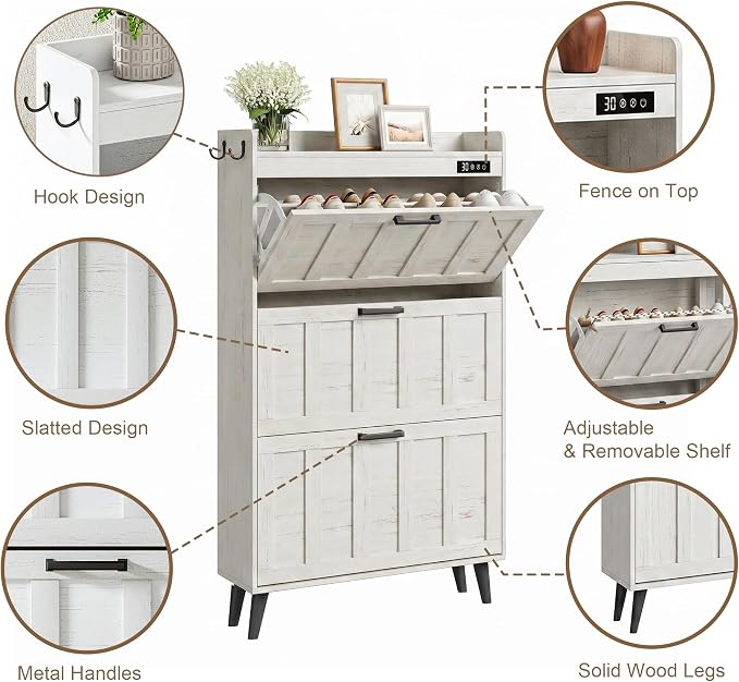 ChooChoo Shoe Storage Cabinet with 3 Flip Drawers and Deodorizer | Shoe Organizer Storage for Entryway, Freestanding Hidden Slim Narrow Shoe Rack Cabinet, Antique White