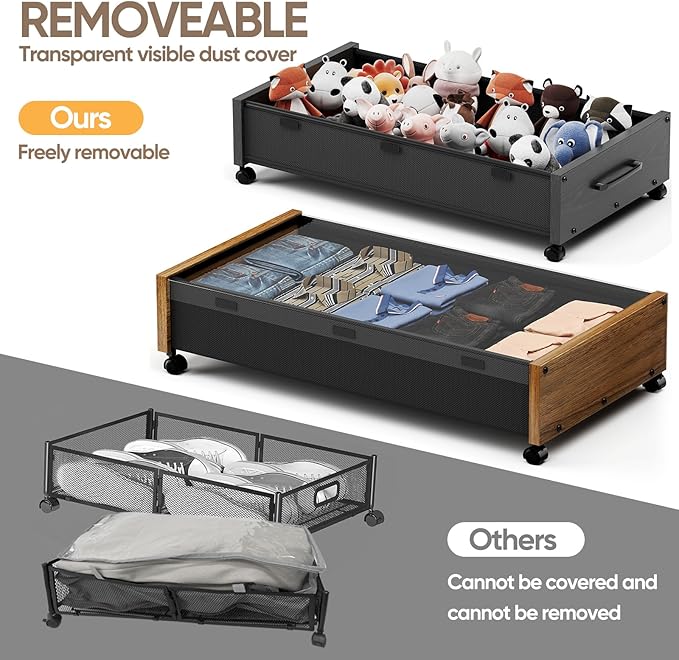 KITHELP Wooden Under Bed Storage with Wheels, Rolling Under the Bed Storage Bins with Removable Lid, Metal Under Bed Drawers for Clothes and Shoes in Bedroom or Living Room(Walnut Brown-1pack)