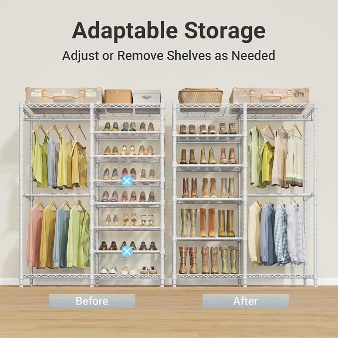VIPEK S2 8-Tier Shoe Rack with Hanging Rods, Heavy Duty Garment Rack, White | Freestanding Clothing Rack with 2 Hanging Rods, Adjustable Shelves, Heavy Duty Walk-In Closet Organizer for Entryway/Bedroom
