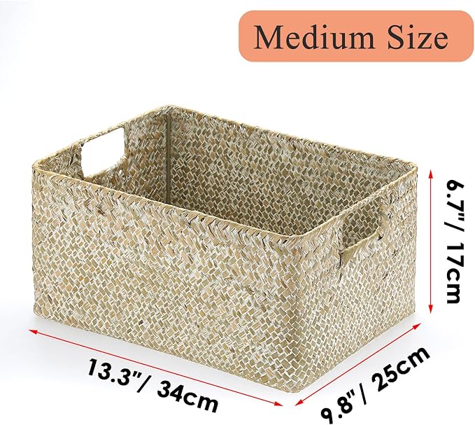 Hipiwe Seagrass Storage Basket Bin Rectangular Handwoven Wicker Storage Box with Handle Opened Baskets for Shelf Organizing Closet Bathroom, 13.3 x 9.8 x 6.7 Inch