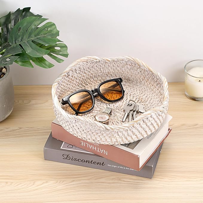 Hipiwe Rattan Key Basket for Entryway Table Handwoven Small Baskets Tray | Decorative Coffee Table Trays Wicker Storage Baskets Bowl Round Fruit Bread Serving Basket Tray, Whitewash