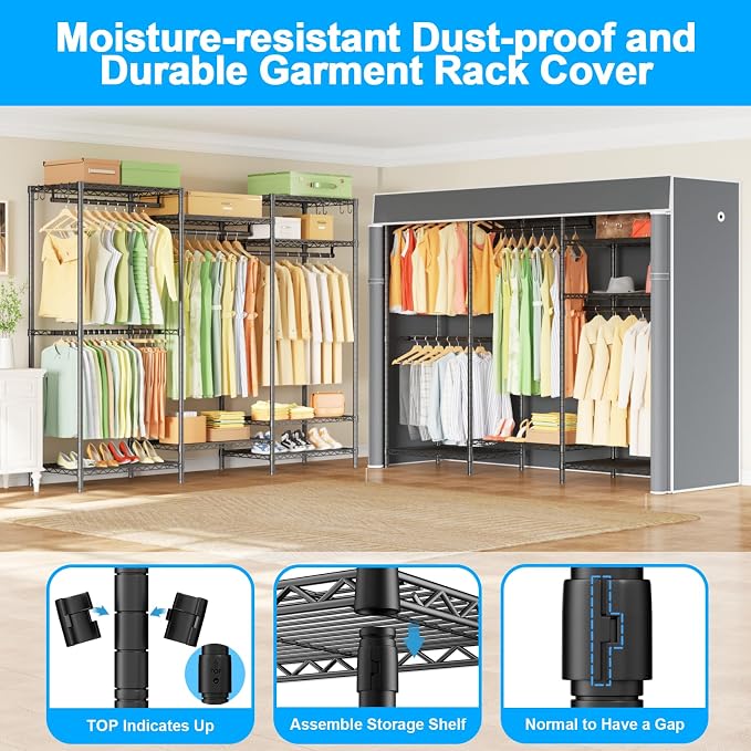 E13C Heavy Duty Closet Organizer System，Freestanding Clothing Racks for Hanging Clothes，Adjustable Garment Rack 63" W x 16" D x 77" H Hold 960 lbs，Black Clothing Rack with Grey Dustproof Cover