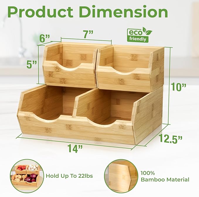 HOMESTEAD Bamboo Pantry Storage Bins – Stackable Potato & Onion Storage Bin for Kitchen Countertop, Pantry Organizer, Fruit Vegetable Basket, Multiuse - Set of 3 Slide-Out Access