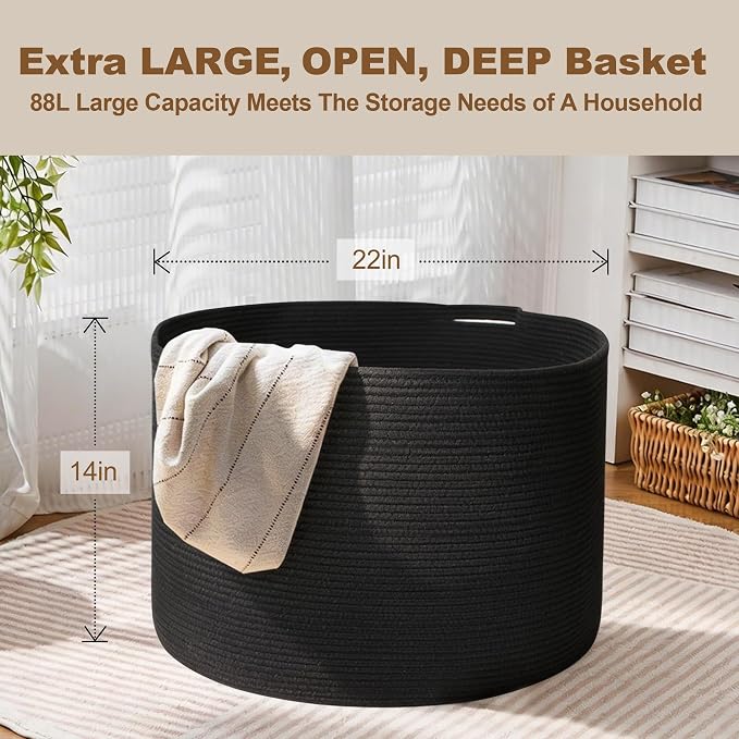 Large Black Blanket Basket, 22" X 22" X 14" Woven Rope Bin for Storage, Kids Dog Toy Storage Box Organizer Bins, Blanket Holder for Living Room, Decorative Wicker Basket for Organizing