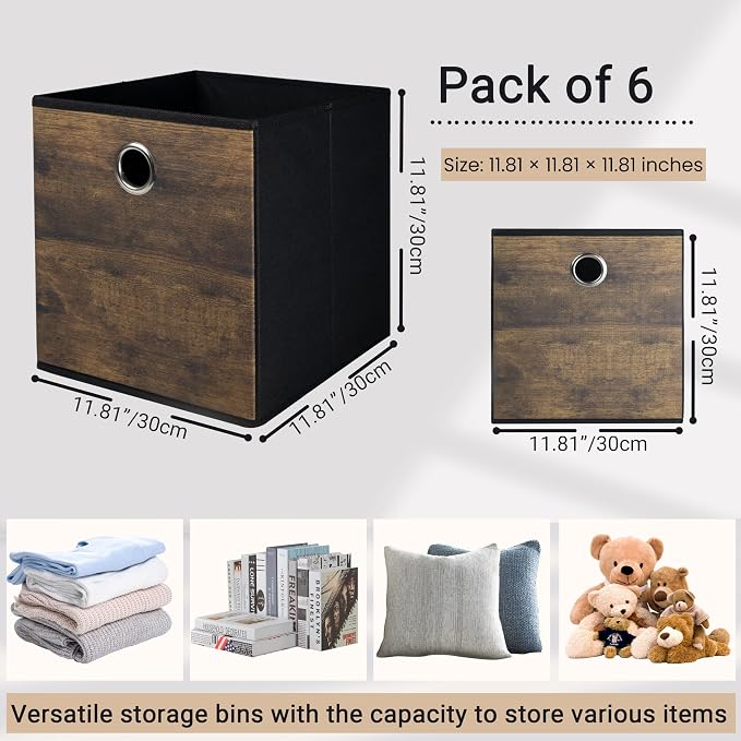 6-Pack Durable Cube Storage Bin with Decorative Wood Grain,Thickened Fabric Storage Basket Space-saving Cubby Boxes for Shelves,Closet,Bedroom,Office,Nursery,Dorm,RV, 12x12x12in (Medium