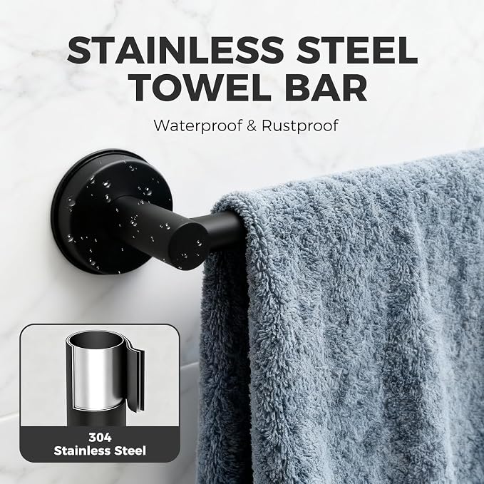 Adjustable Suction Cup Towel Bar for Bathroom Wall,14.6Inch~24 Inch Towel Racks for Bathroom,Stainless Steel Bath Towel Holder for Shower,2 Pack(Matte Black)