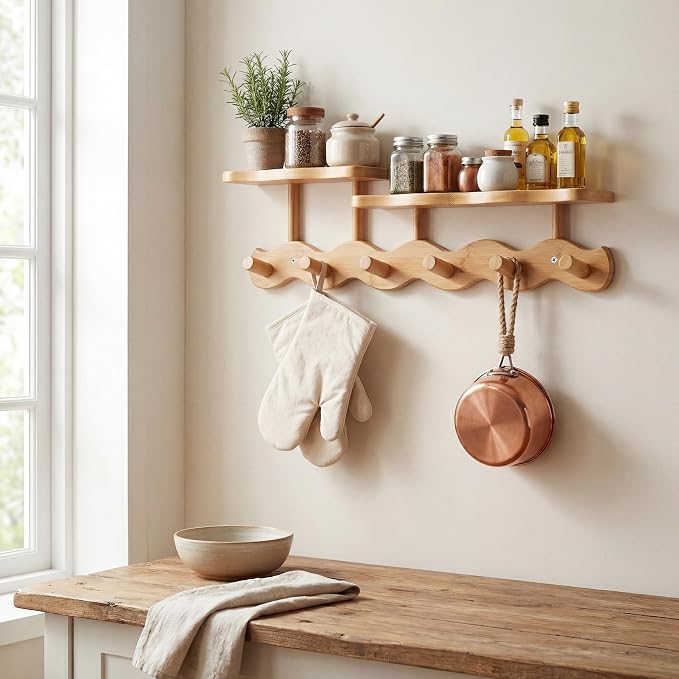 Wave-Shaped Bamboo Coat Rack Wall Mount with Shelf - Modern 6-Hook Rack | Modern Sculptural Wave Decor, Organic Wood Wall Organizer with Storage Shelf, Eco-Friendly Coat Rack for Hanging Bags, Keys