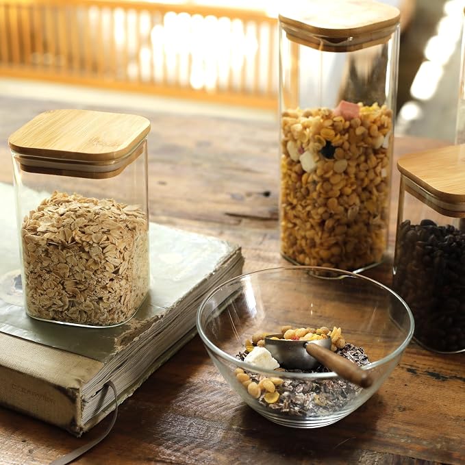 LIBWYS 8-Pack Square Glass Storage Jars with Bamboo Lids (0.6Qt/1.06Qt) | Stackable Dry Food Containers for Pantry Organization, Coffee, Flour, Snacks, Tea, Sugar | Kitchen Canisters Set