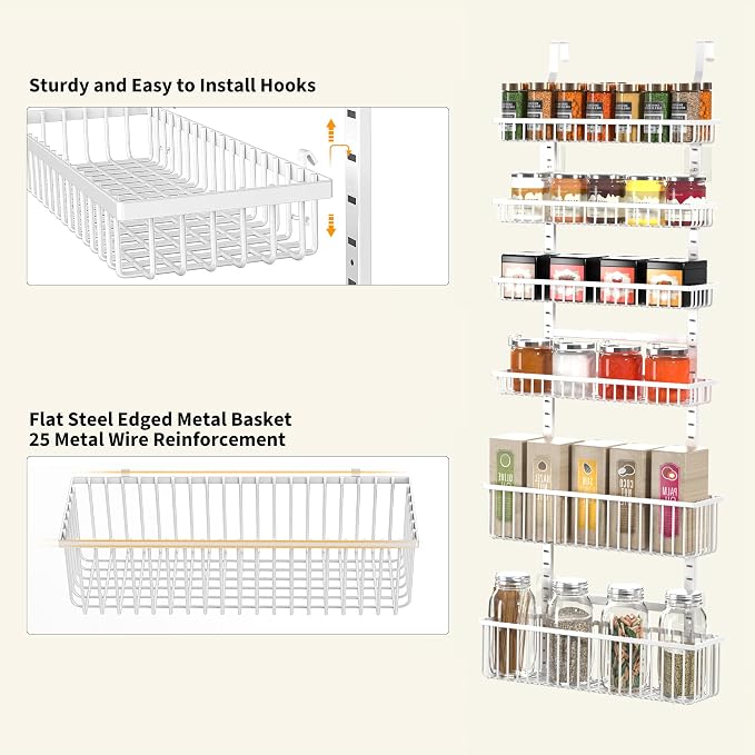 Moforoco Adjustable Over the Door Organizer, Metal Hanging Door Organizer with 5 Wire Basket 7 Hooks, Wall Mounted Shelf for Pantry Laundry Organization and Storage, White