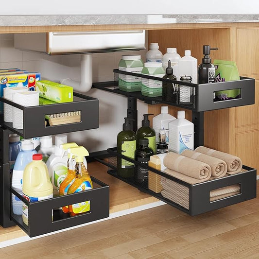 2 Packs 17IN Depth Under Sink Organizer, 2-Tier Pull Out Cabinet Organizer With Smooth Circular Rail, Large Capacity Metal Mesh Sliding Drawers For Bathroom& Kitchen Storage,Height Adjustable –Black