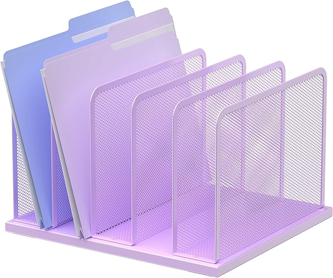 Kuntine.B 5-Section Upright Desk File Organizer Purple 1 Pack | Vertical, Mesh, Metal, Assembly, Stability, Sturdiness, Organization, Standing