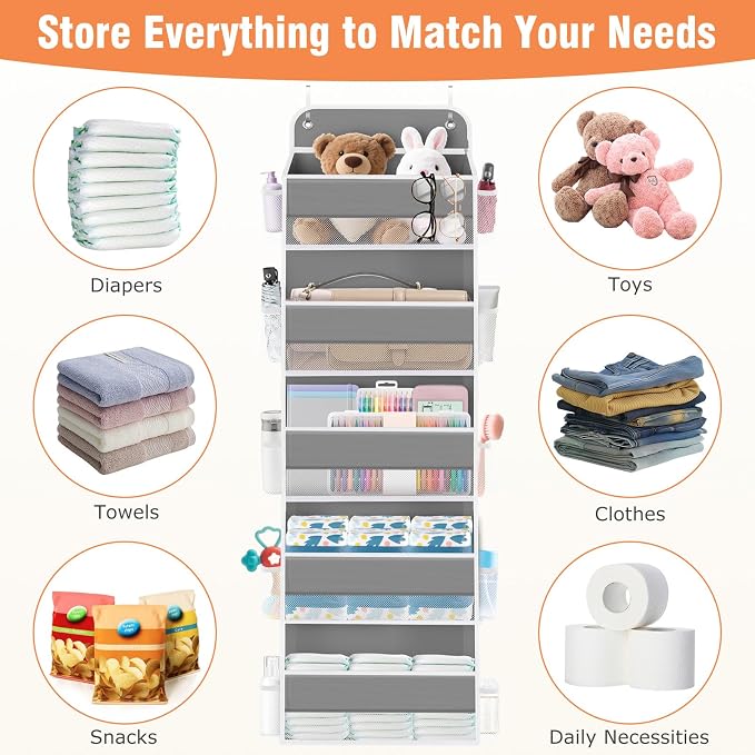 Over The Door Organizer Storage Large Capacity Hanging Bedroom Storage | 5 Shelves, 40 LB Capacity, Foldable Mesh Design, Clear Window, Sturdy, Large Storage Organizer for Nursery, Pantry & Closet