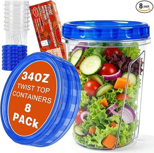 8 Pack 34oz Reusable Freezer Storage Containers with Twist Top Lids Airtight, Clear Plastic Soup Freezer Containers, Quart Food Storage Containers with Lids for Fruit Meal Prep Leftover Lunch Salad