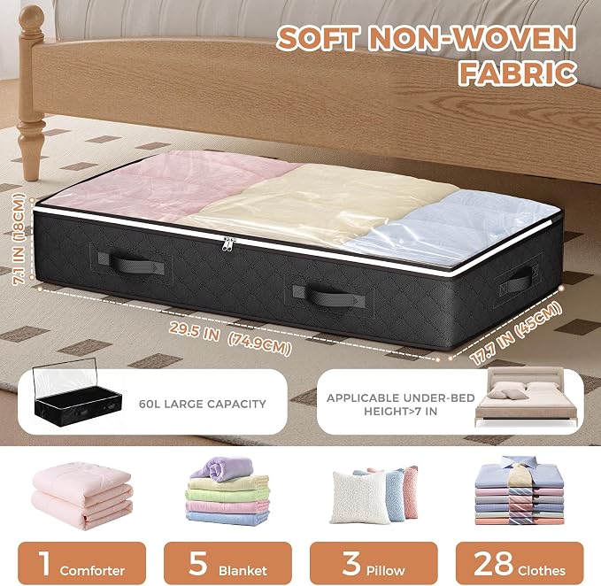Budding Joy Under Bed Storage Containers with Clear Lids, 4 Pack | Foldable closet organizers for clothes, blankets, shoes, bed sheets, comforter, wrapping paper, home dorm storages, 60L black