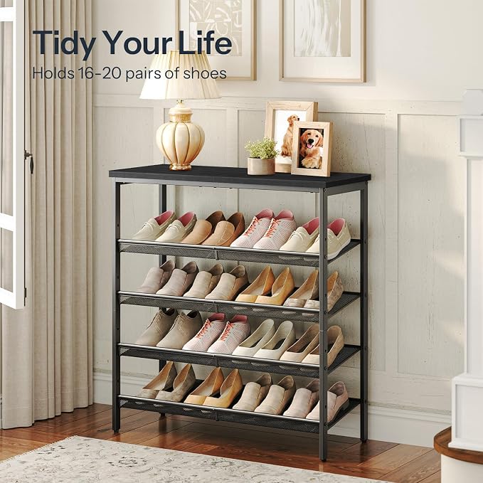 HOOBRO Shoe Rack for Entryway, 5-Tier Shoe Organizer with Adjustable Mesh Shelves, 12-16 Pairs of Shoes, Spacious Floor Mount, Metal, Industrial, Shoe Shelf for Closet, Black BB12XJ01