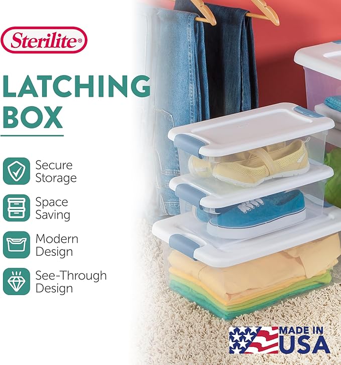 Sterilite 48-Pack Latching Box, Under Bed Storage Bins with Lids, Clear Plastic, 6 Quart - Heavy-Duty Organizing Containers for Closet, Bathroom, and Office