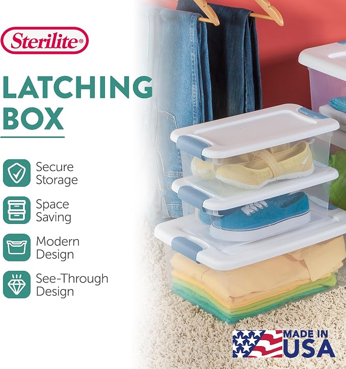 Sterilite 12-Pack Latching Box, Under Bed Storage Bins with Lids, Clear Plastic, 6 Quart - Heavy-Duty Organizing Containers for Closet, Bathroom, and Office | Heavy-Duty and Stackable Plastic Containers with Latches for Closet, Cabinet, Bedroom, Bathro...