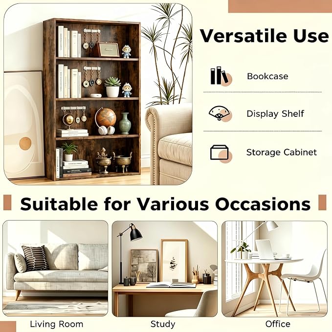 HealSmart 4 Tier Bookcase, Industrial 5 Book Shelf, 9.2" D x 23.8" W x 42" H Tall Open Cube Storage Organizer for Home Office, Living Room, Bedroom and Dinning Room, Brown
