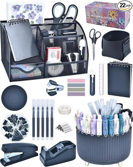 Black Desk Accessories and Organizers with Desk Organizer and 360°Rotating Pen Holder stapler Pen and a Lot of Office Black Office Supplies Beautifully Presented in a Gift Box