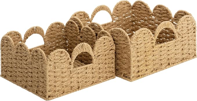 StorageWorks Scalloped Wicker Basket, Woven Baskets for Storage, Rattan Baskets with Handles, Paper Rope Basket for Organizing and Decor, 2 Pack