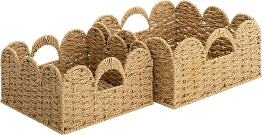 StorageWorks Scalloped Wicker Basket, Woven Baskets for Storage, Rattan Baskets with Handles, Paper Rope Basket for Organizing and Decor, 2 Pack