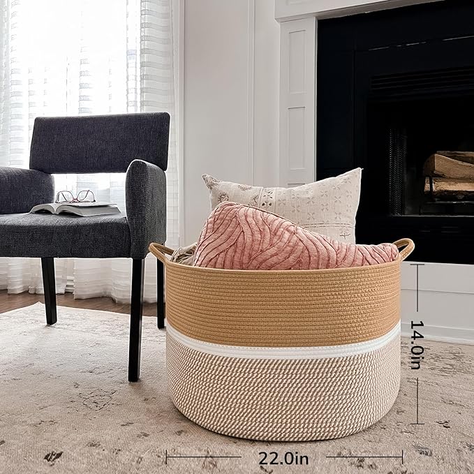 CHICVITA XXL Cotton Rope Woven Blanket Basket with Handles, Brown & White | Extra large 22x22x14in storage basket doubles as clothes hamper. Decorative for living room, nursery