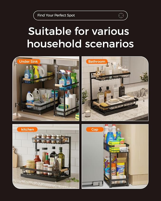 Sevenblue 3 Pack Under Sink Organizer, Height Adjustable 2 Tier Pull-Out Metal Under Kitchen Sink Organizer, Multi-Purpose Storage Shelves for Kitchen Bathroom Cabinet, Black