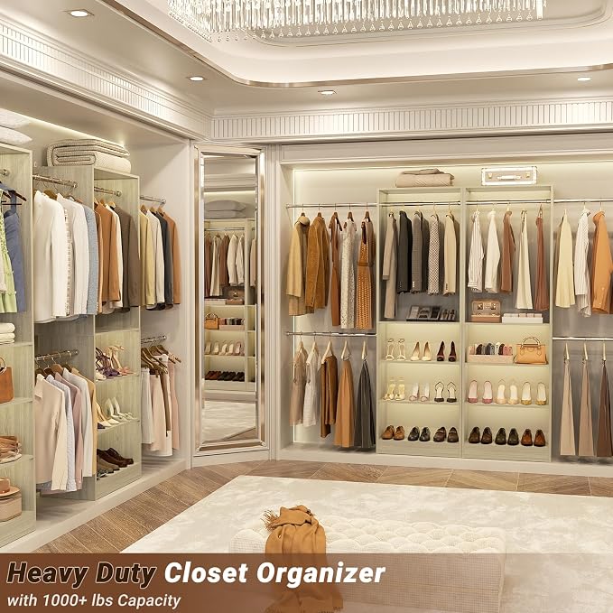 Closet System, 4.5-11.5 Ft Expandable Closet Organizer, Light Oak | 5 Hanging Rods, Walk-in Wood Closet Organizer System with Storage Tower, Heavy Duty Garment Rack Wardrobe for Bedroom