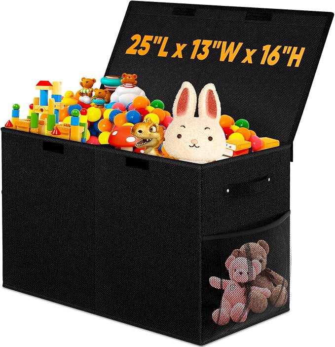 Large Toy Storage Box with Lid, Dividers, Collapsible Kids Toy Chest, Black | Toy Box for Boys, Girls, Nursery, Bedroom, Living Room, Playroom, 25 x 13 x 16 inches
