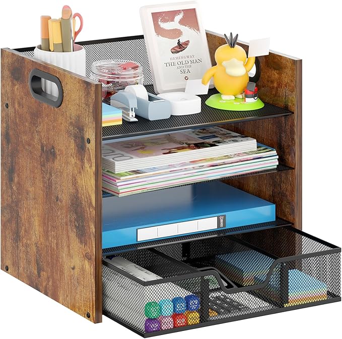 Desk Organizer - 4 Tier Desktop File Organizer with Drawer, Wooden Paper Tray Organizer, Office Desk Accessories Organizer for Papers, Mail, Notebooks, Stationery