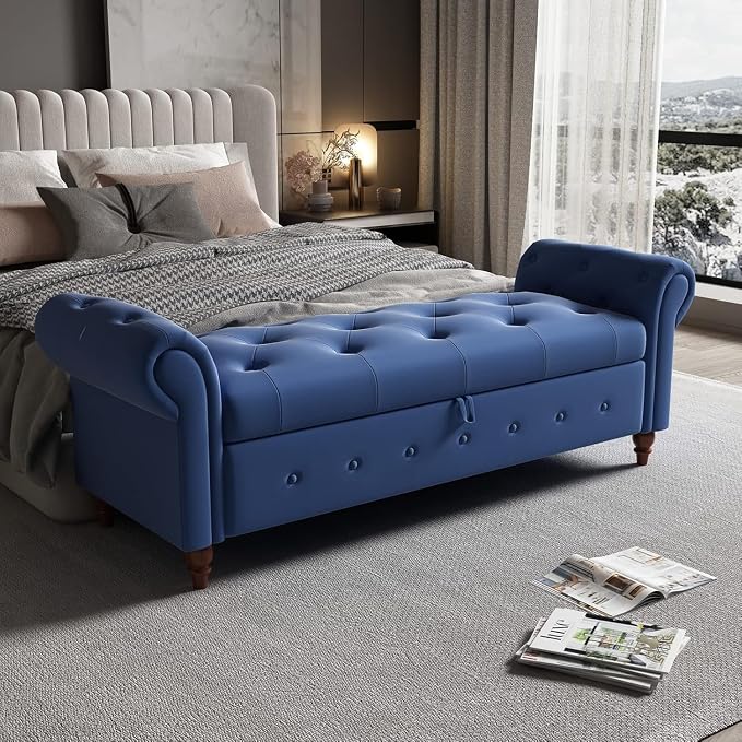 NIOIIKIT 63'' Storage Ottoman Bench, Tufted Entryway Bench Blue Polyester | Button Tufted End of Bed, Large Storage Space, Rolled Armed Ottoman Couch Long Bench for Bedroom, Living Room, Hallway