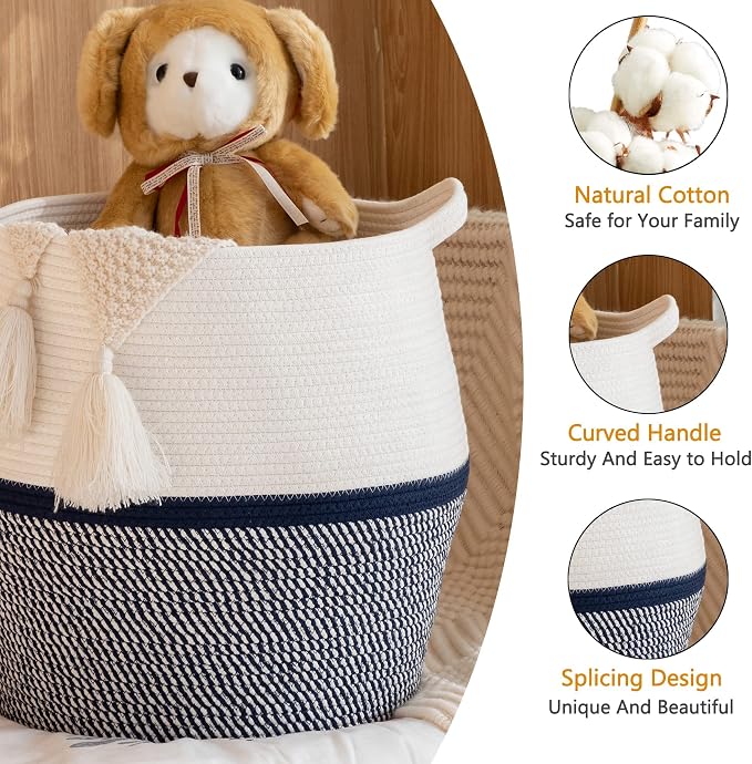 KAKAMAY Woven Baskets for Storage(17"x17"),Large Cotton Rope Basket Woven Baby Laundry Hamper,Collapsible Laundry Basket, Blanket Basket for Living Room,Nursery,Clothes, Toy chest(Navy Blue)