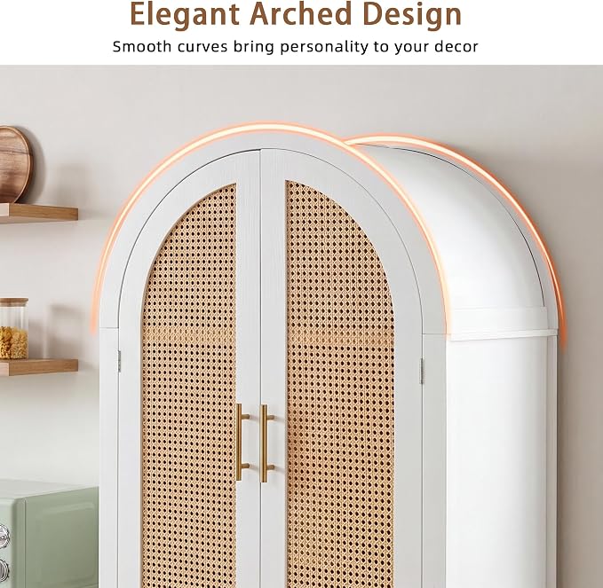Merax 71" Arched Bookcase,Tall Pantry Storage Cabinet with Shelf Doors | Farmhouse Bookshelf with Rattan Doors Built-in Racks for Home Office,Kitchen,Dining Room,White