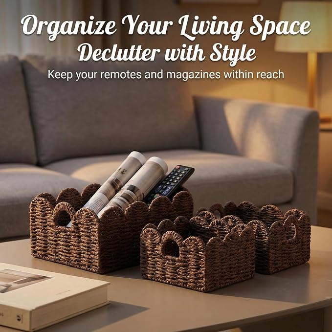 Scalloped Wicker Basket Set of 3, Hand-Woven Storage with Handles | set of 3 brown scalloped baskets with handles. Hand-woven paper rope for shelves, bathroom or closet. Stackable, sturdy.
